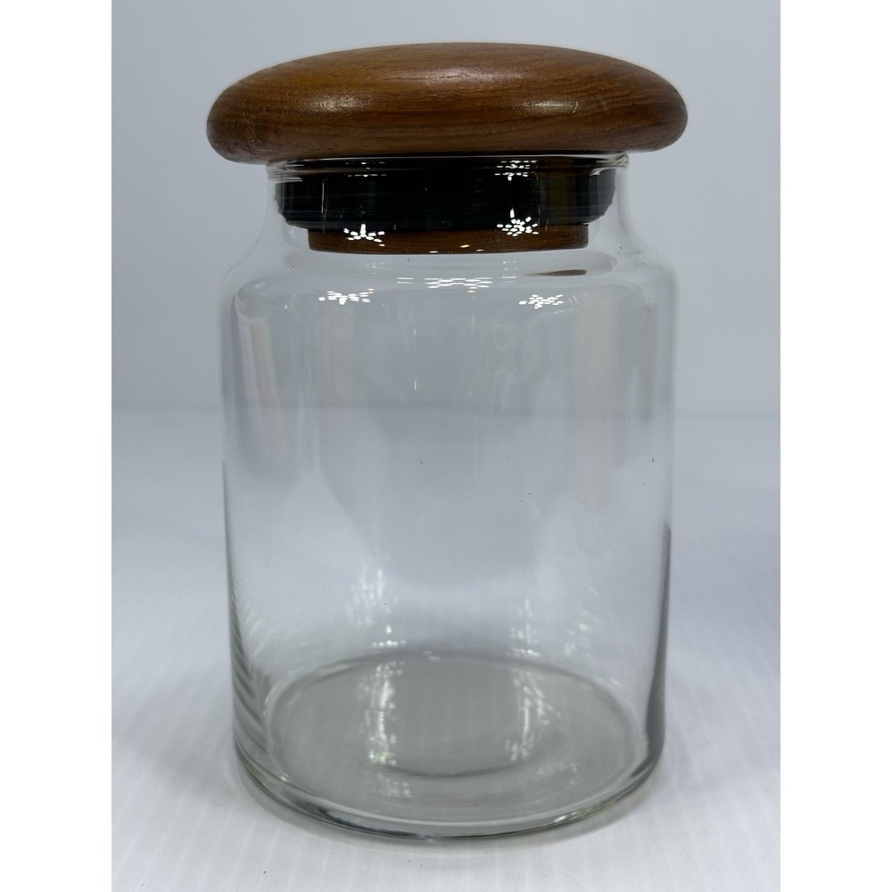 Vintage MCM Teak Wood Glass Mushroom Canister Jar Dolphin Label‎ Black Seal 6"